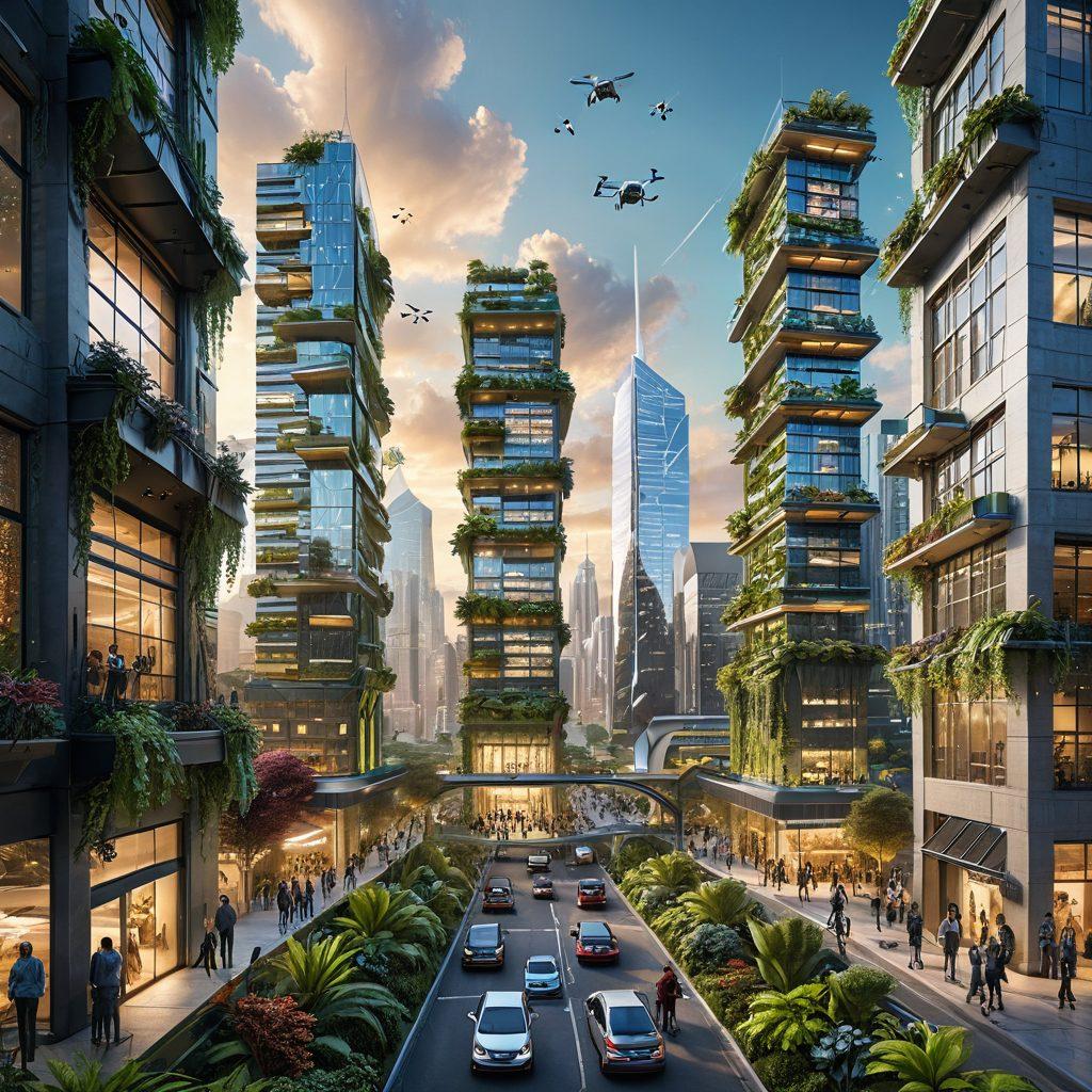 A futuristic cityscape bustling with green technology and sustainable architecture, featuring solar panels, vertical gardens, and drones delivering goods. In the foreground, diverse individuals collaborate on holographic displays showcasing innovative ideas. The sky is bright and clear, symbolizing a hopeful future. super-realistic. vibrant colors. 3D.