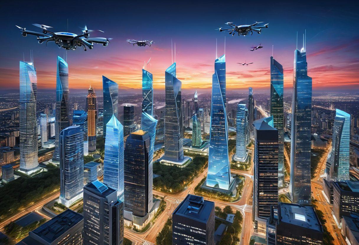 A futuristic city skyline with advanced technology elements like drones and solar panels, showcasing diverse professionals collaborating over digital blueprints. In the foreground, an interactive holographic display illustrating growth strategies, surrounded by vibrant greenery symbolizing sustainability. The sky is bright, indicating a hopeful future. super-realistic. vibrant colors. 3D.