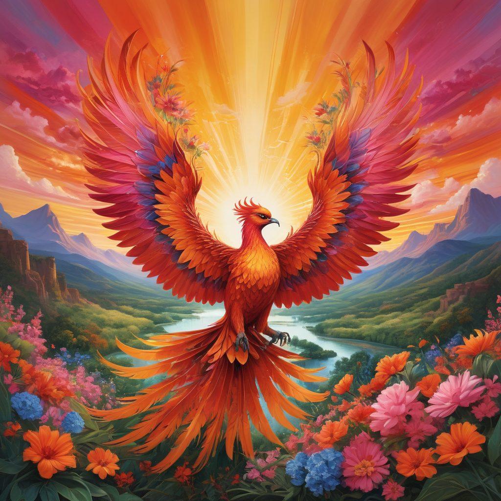 A vibrant abstract representation of a phoenix rising from colorful landscapes symbolizing transformation and growth. Include gears representing visionary thinking, intertwining with nature to signify development. The background shows a bright sky at dawn, symbolizing new beginnings. Use dynamic brush strokes for a sense of movement. super-realistic. vibrant colors. 3D.